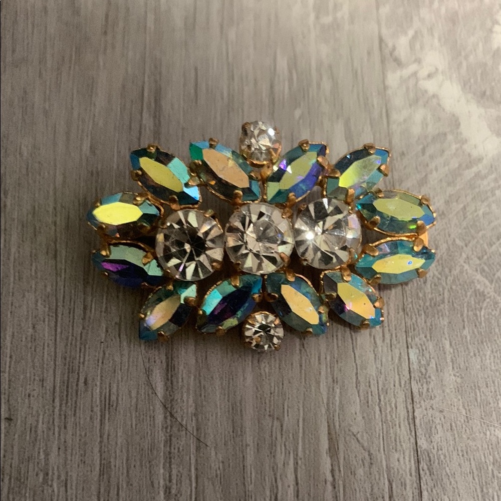 1955 Vintage Gold and Blue Brooch with Iridescent Crystals